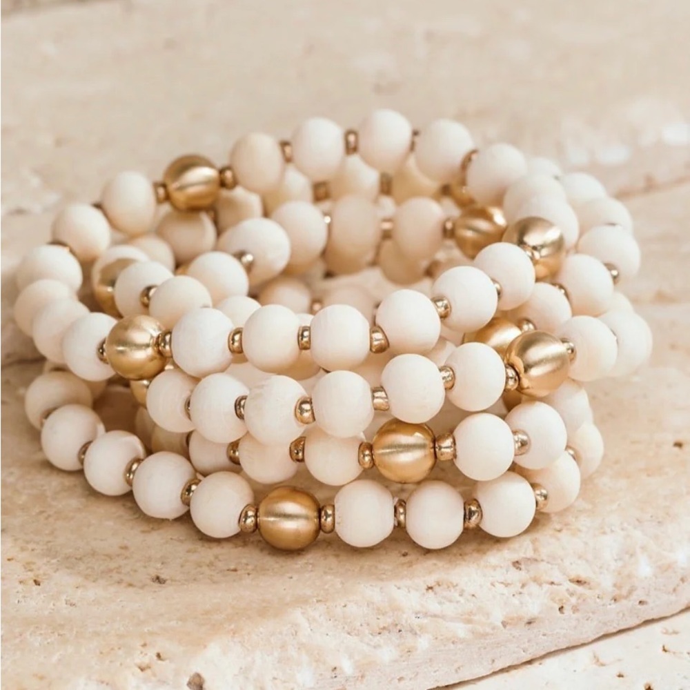 Ivory Wood Metal Bead Bracelet